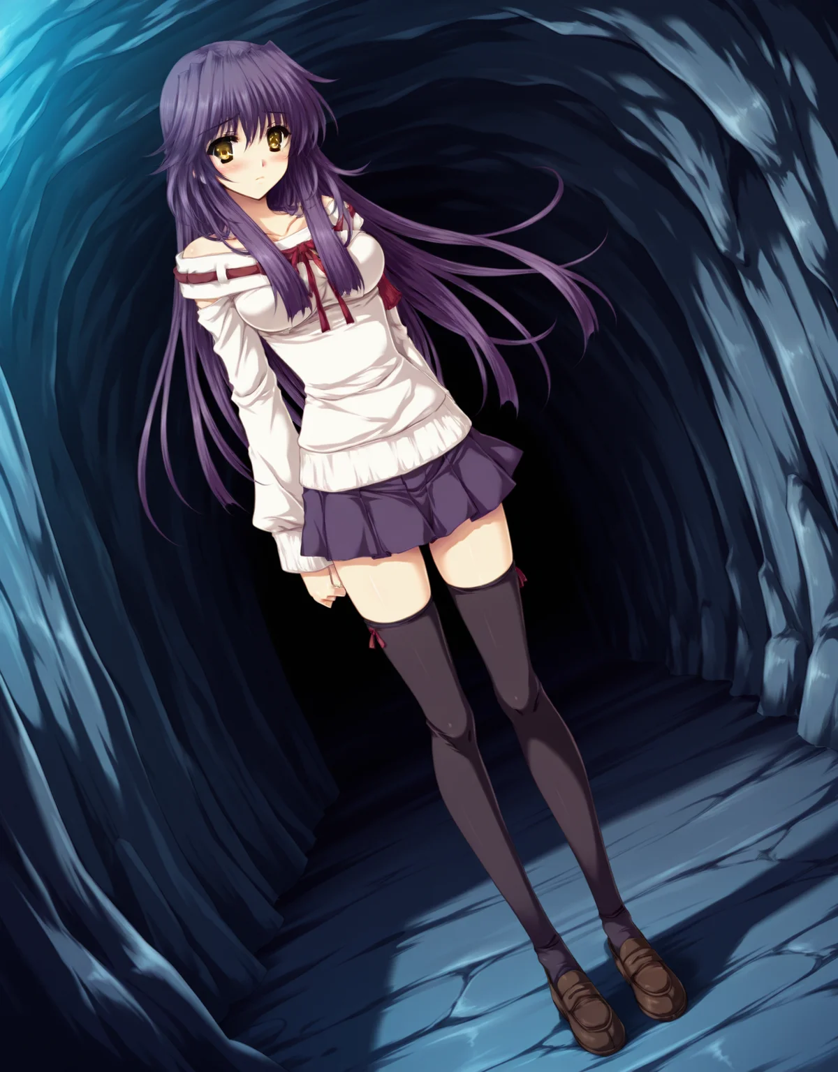 masterpiece,best quality,very aesthetic,zPDXL,
1girl,(skinny:1.1),cave,indoors,dynamic_angle,dynamic_pose,solo,purple hair,long hair,full body,yellow eyes,uncensored,<lora:yae_new-000029:0.8>,blush,standing,1girl,solo,thighhighs,long hair,skirt,purple hair,zettai ryouiki,sweater,breasts,blush,bare shoulders,black thighhighs,yae_d1,loafers,