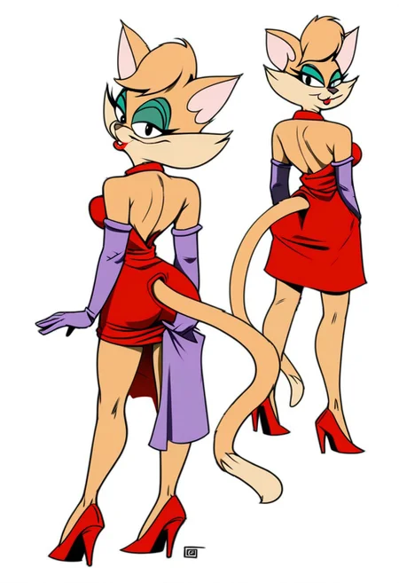 score_9, score_8_up, score_7_up, score_6_up, score_5_up, score_4_up, retro artstyle, BREAK
Tabitha_Fantomcat,cat girl,short hair,1girl, solo, dress, makeup,cat tail, furry, furry female,black eyes, high heels, gloves, elbow gloves, red dress, eyeshadow, backless dress, white background, backless outfit,short hair, animal ears, breasts, simple background, red footwear, purple gloves, looking at viewer, lipstick, full body, looking back, ass, standing, bare shoulders
<lora:tabitha-v1:1>