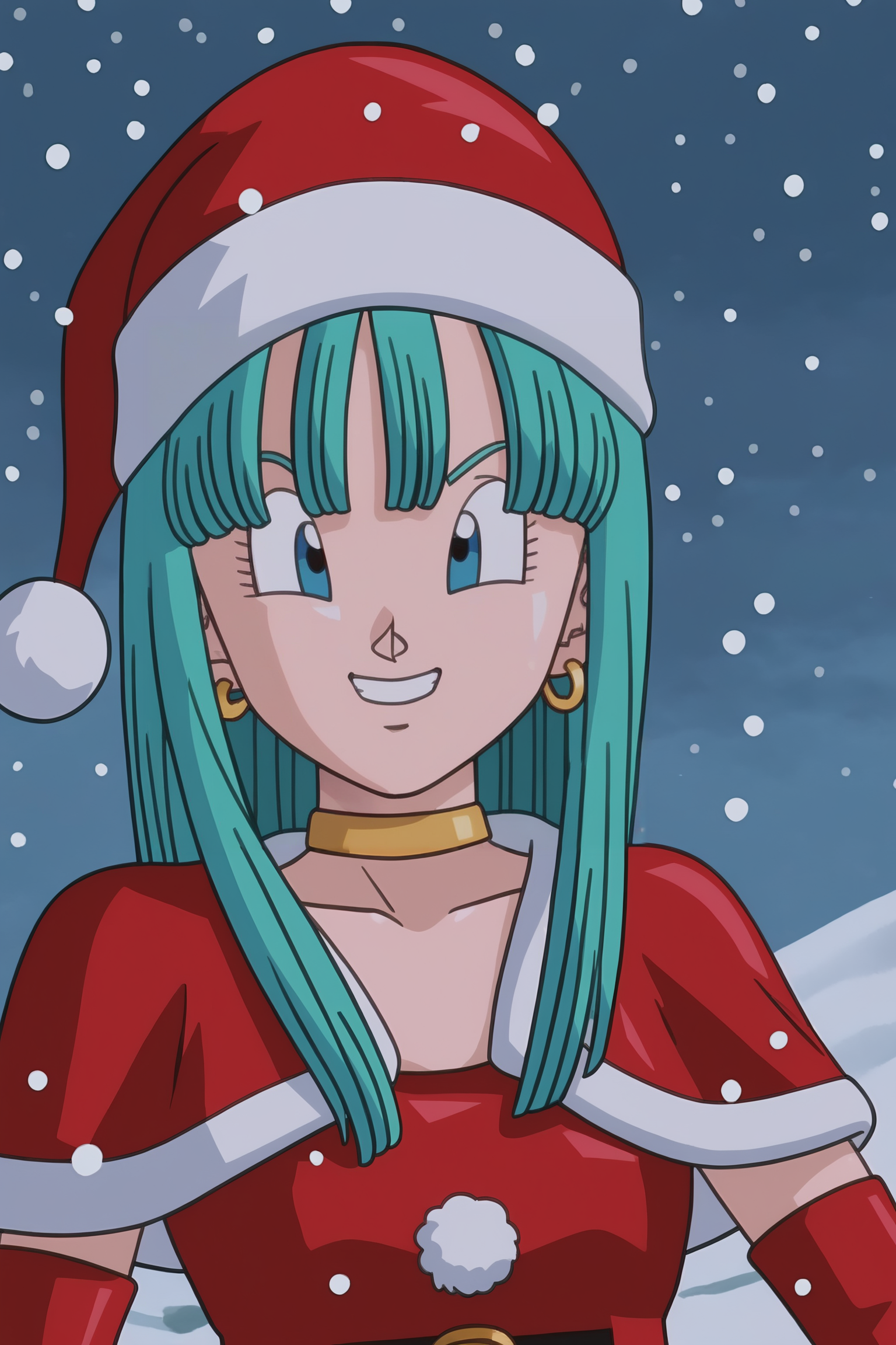 source_anime, score_9, score_8_up, score_7_up, anime screencap, absurdres, high quality, official style, 
solo, 1girl, 
bra \(dragon ball\), long hair, straight hair, aqua hair, blue eyes, 
santa hat, santa costume, snow, fur trim, outdoors, snowing,  upper body, v, grin, teeth, 
<lora:Bra_v2:0.8>