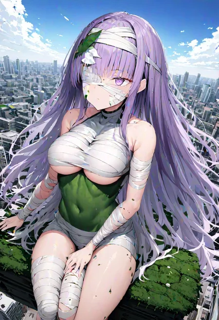 masterpiece, best quality, ultra-detailed, beautiful, nai3, 1girl, solo, full_body, tachi-e, 
kingprotea \(fate\), 1girl, bandage on face, bandage over one eye, bandaged arm, bandaged head, bandaged leg, bandages, bare shoulders, blurry, blurry background, blush, breasts, building, chest sarashi, city, cloud, covered navel, day, fingernails, giant, giantess, leaf, long hair, looking away, medium breasts, midriff sarashi, moss, outdoors, purple eyes, purple hair, sarashi, sitting, sky, solo, underboob, very long hair