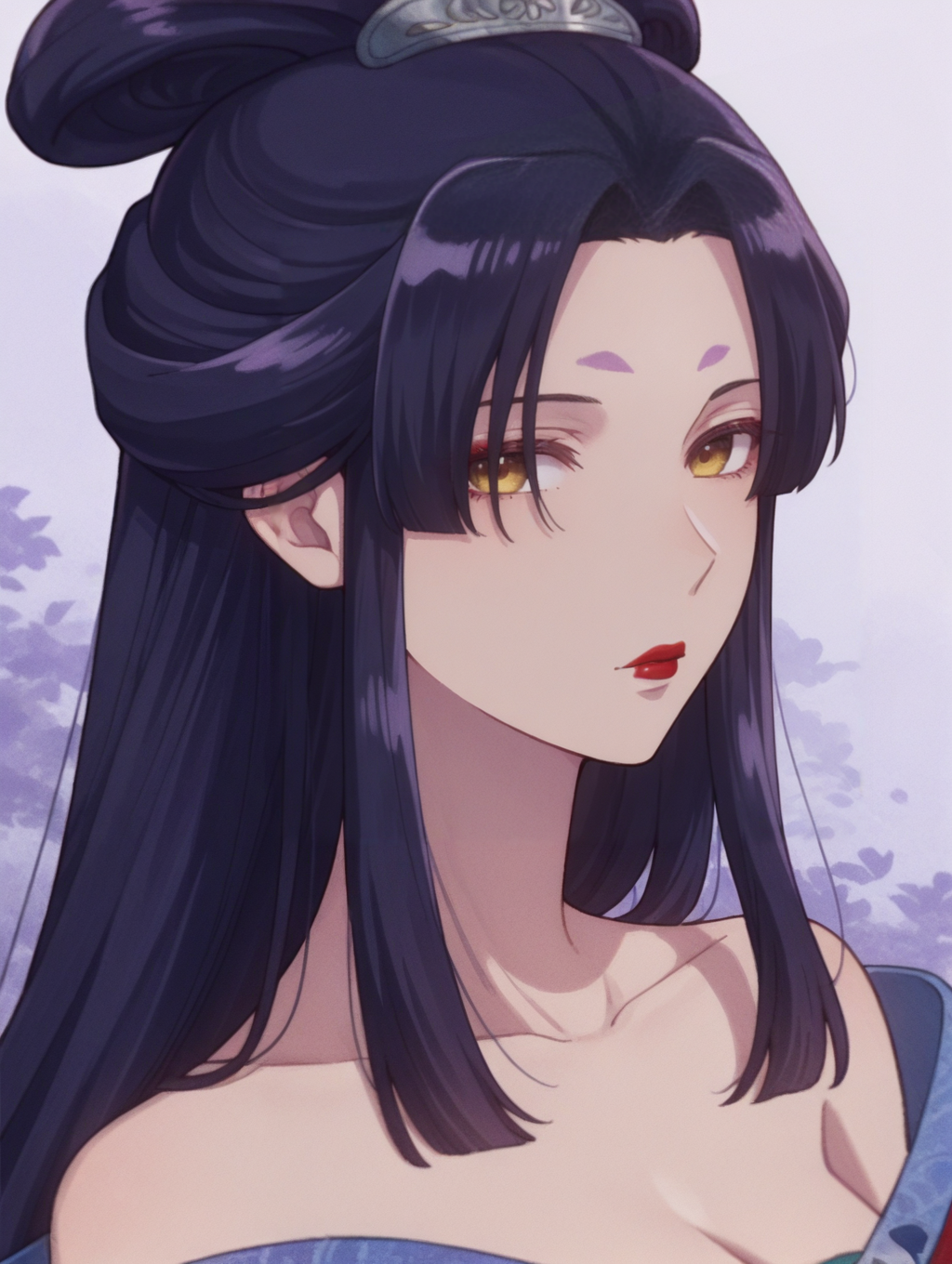 1girl,portrait,
ywnw,purple hair,long hair,parted bangs,sidelocks,half updo,hair rings,hair ornament,yellow eyes,forehead mark,red lips,bare shoulders,red hanfu,
looking at viewer,,<lora:ywnvhua_noob:1>