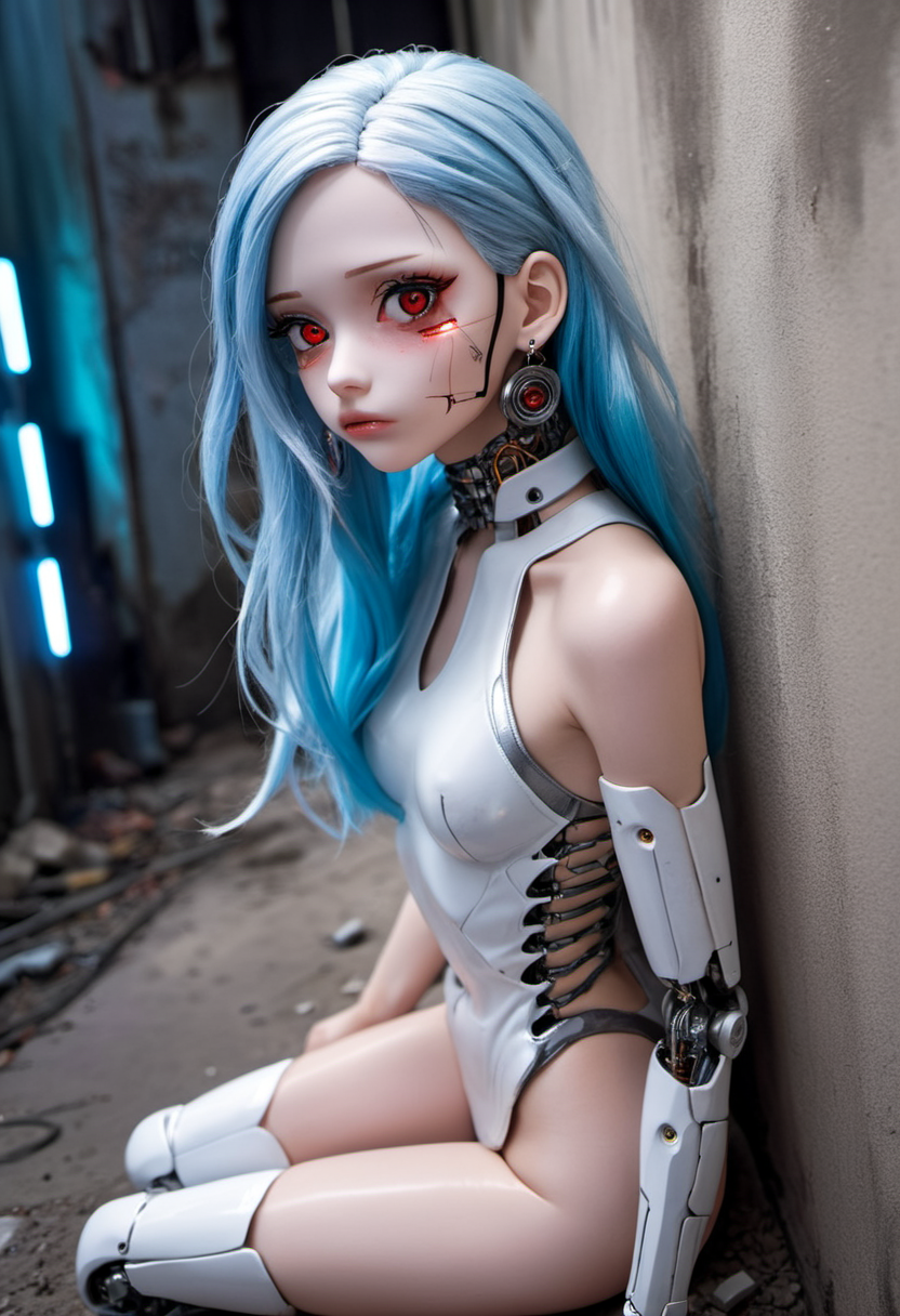 high-tech female cybernetic sex doll, (best quality:1.2, masterpiece:1.2), ultra high res, intricate detail, exquisite details and textures, (1girl:1.2), atmospheric perspective, establishing-shot, detailed face, makeup, dirty skin, dirty chassis, (light blue hair), very long hair, messy hair, downcast eyes, depressed, amazing red eyes, sad eyes, weary and sad expression, eyes pleading to viewer for help, looking down, looking ashamed, looking hopelessness, sitting against a dirty wall in an alley, earrings, small breasts, slim body, (white cyborg:1.4), cybernetic led lights, blue lights, doll ball joints, part human, some human skin over circuits, (cybernetic sex doll:1.4) (futuristic dystopian city, gloomy and polluted background), late-stage capitalism, dim lighting, ((front lighting)), high resolution, (aburdres:1.4), aburd res, high quality, best quality,, 8k, 4k, intricately detailed, (amazing details:1.2), highly detailed skin, (detailed eyes:1.2), striking eyes, (detailed background), (dynamic angle:1.2), (dynamic pose:1.2), (Line of action:1.2),