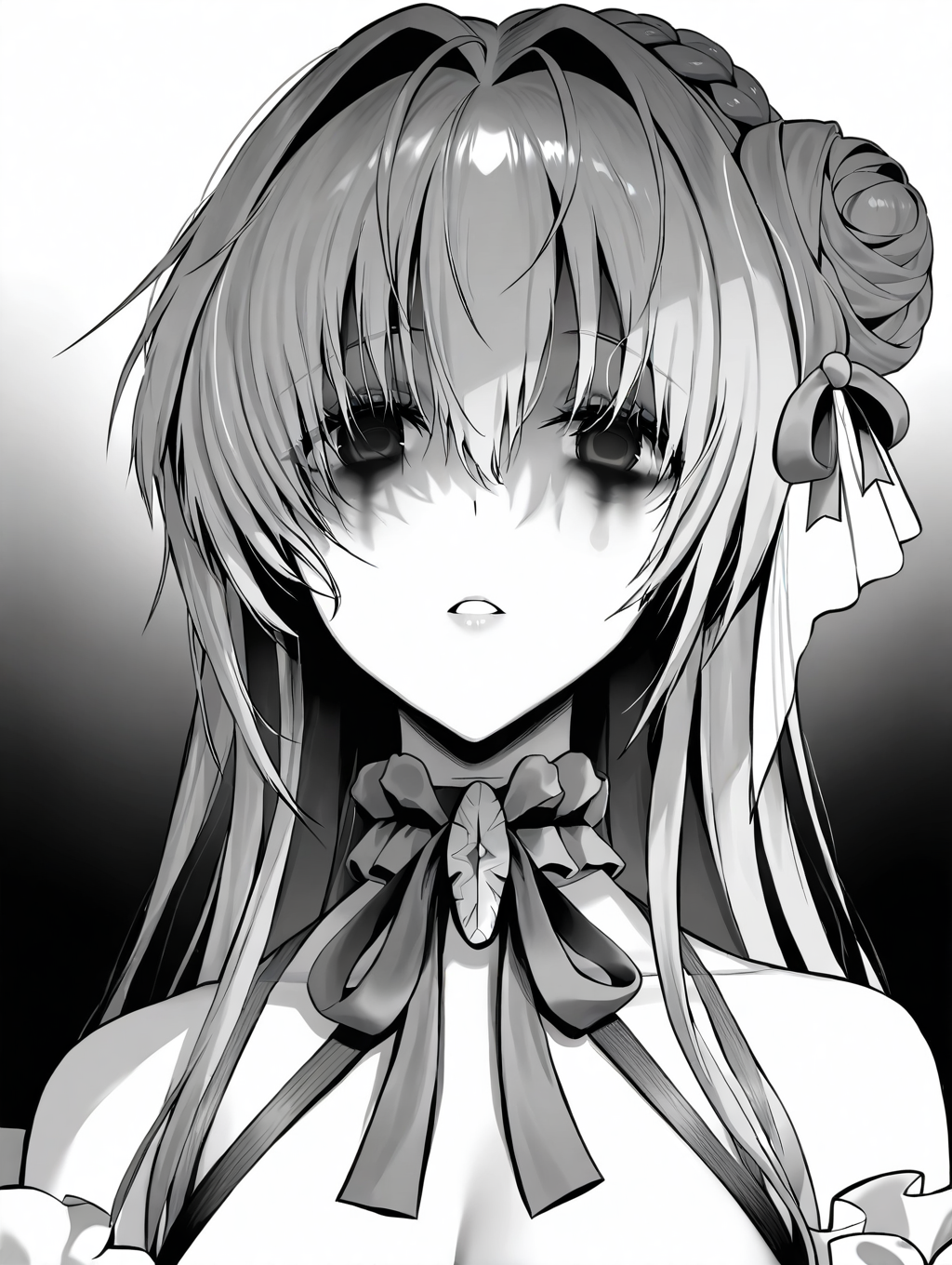 (masterpiece,best quality,ultra_detailed,highres,absurdres:1.2,amazing quality,very aesthetic),<lora:overzone_ilxl_v1-000006:1>,dorothy \(nikke\),1girl, greyscale, solo, long hair, ribbon, hair bun, empty eyes, parted lips, looking at viewer, neck ribbon, braid, single side bun, bare shoulders, hair ornament, hair between eyes, single hair bun, hair ribbon, jewelry, upper body, hair intakes, bags under eyes