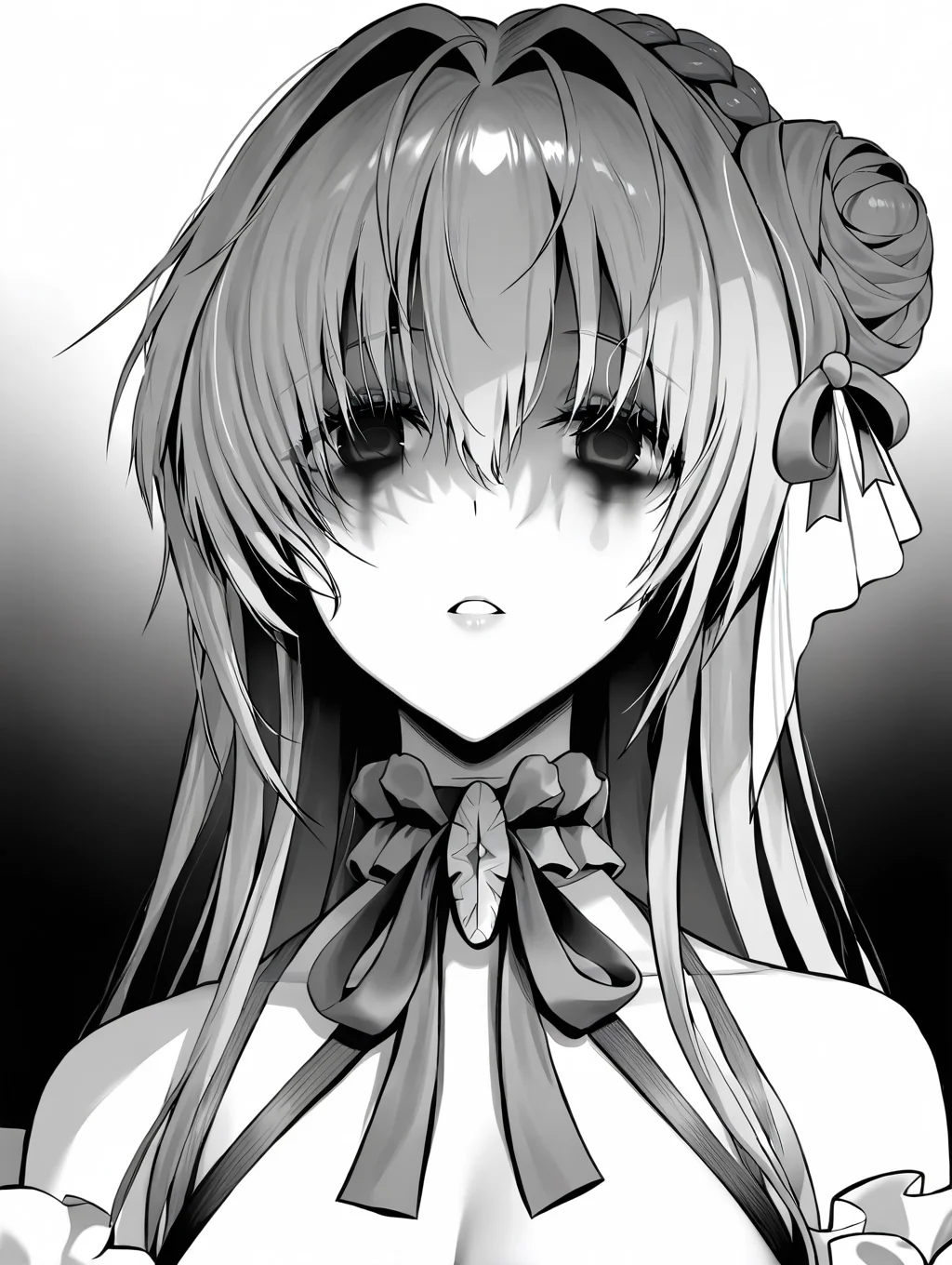 (masterpiece,best quality,ultra_detailed,highres,absurdres:1.2,amazing quality,very aesthetic),<lora:overzone_ilxl_v1-000006:1>,dorothy \(nikke\),1girl, greyscale, solo, long hair, ribbon, hair bun, empty eyes, parted lips, looking at viewer, neck ribbon, braid, single side bun, bare shoulders, hair ornament, hair between eyes, single hair bun, hair ribbon, jewelry, upper body, hair intakes, bags under eyes