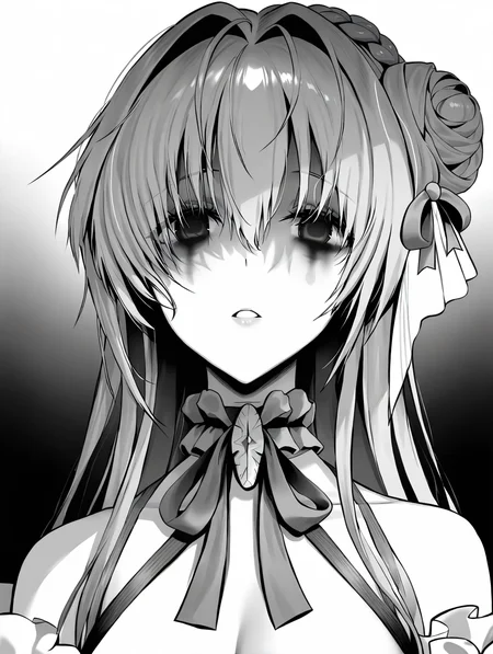 (masterpiece,best quality,ultra_detailed,highres,absurdres:1.2,amazing quality,very aesthetic),<lora:overzone_ilxl_v1-000006:1>,dorothy \(nikke\),1girl, greyscale, solo, long hair, ribbon, hair bun, empty eyes, parted lips, looking at viewer, neck ribbon, braid, single side bun, bare shoulders, hair ornament, hair between eyes, single hair bun, hair ribbon, jewelry, upper body, hair intakes, bags under eyes
