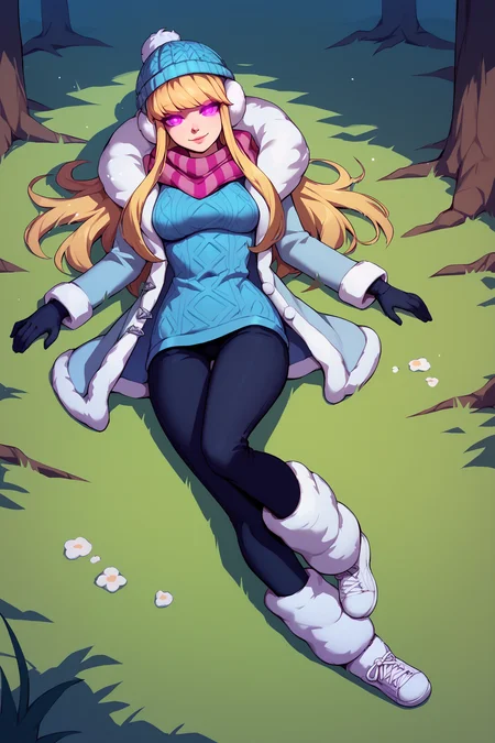 score_9, score_8_up, score_7_up, score_6_up, BREAK, SyndraSDayXL, purple eyes, glowing eyes, blonde hair, long hair, bangs, blue beanie, white earmuffs, medium breasts, pink striped scarf, winter coat, blue sweater, black gloves, black pants, leg warmers, white footwear, solo, full body, lying on grass, seductive smile, looking at viewer, forest, tree <lora:SyndraSDayXL:1>