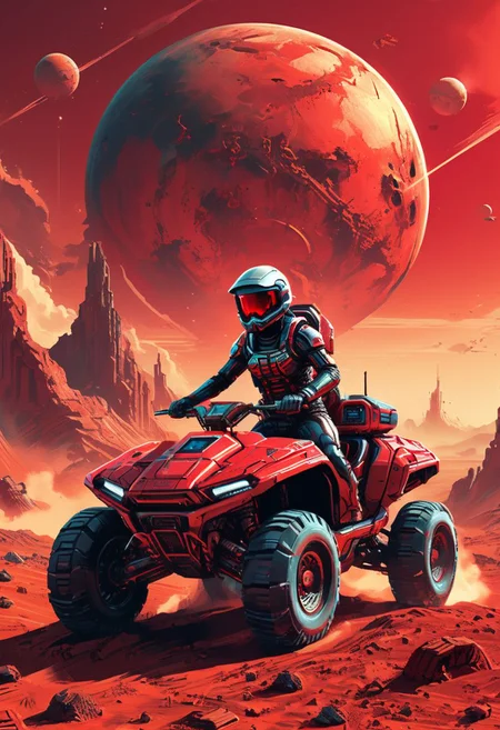 Retro futuristic image, Quad riding on red planet, sharp, high detailed<lora:xl_more_art-full_v1:0.3> <lora:Futuristic_Retro_Vibes:0.5>