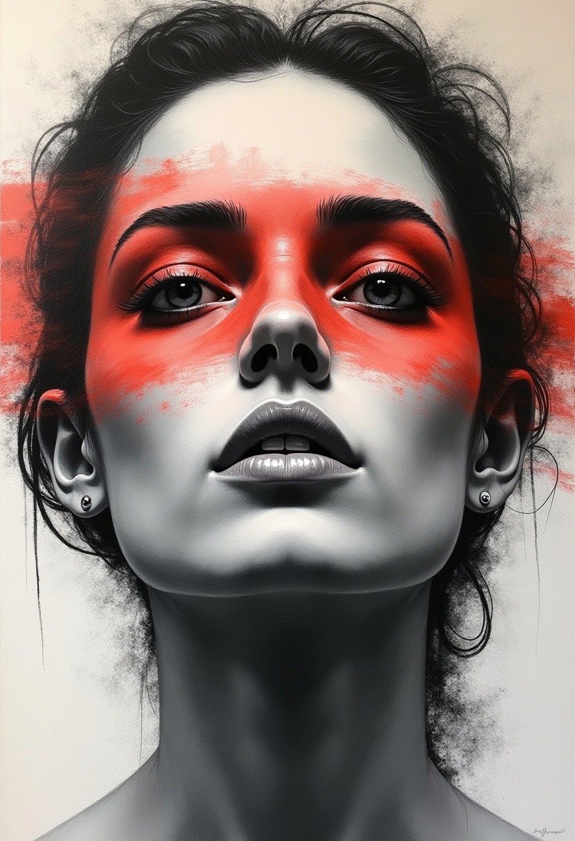 portrait, woman, oil painting, grainy painting, profound gaze, monochrome with coral color brushed over face, minimalist avant-garde drawing, many details