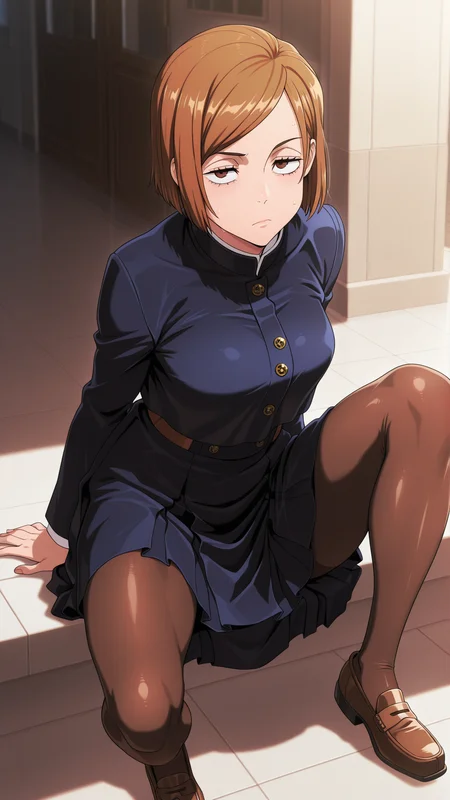 masterpiece,best quality,amazing quality, 1girl, solo, <lora:IlluNobara:1> illuobara, short hair, brown hair, brown eyes, school uniform, skirt, pantyhose, jacket, loafers,