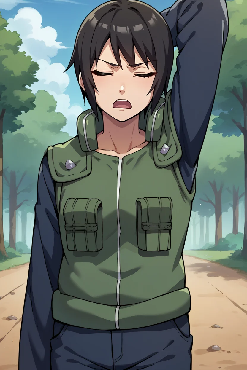 score_9, score_8_up, score_7_up, score_6_up, source_anime BREAK 1girl, solo, <lora:shizune-pdxl-nvwls-v1-000005:1> shizune, black hair, vest, black sleeves, long sleeves, pants, (big breasts:0.6), closed eyes, open mouth, sigh, arm behind head, arm at side, blue sky, dirt road, forest