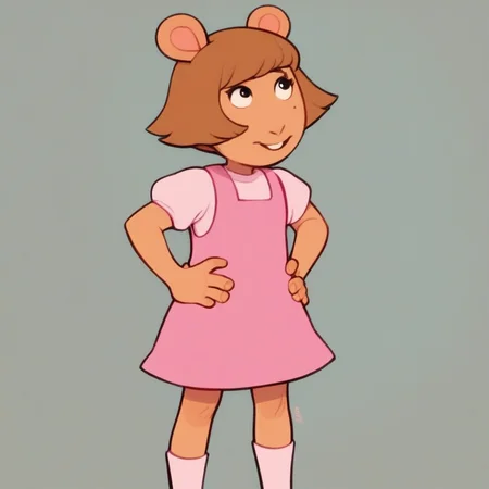score_8, score_9, 1girl, d.w, short hair, brown hair, animal ears, pink dress, hands on hips