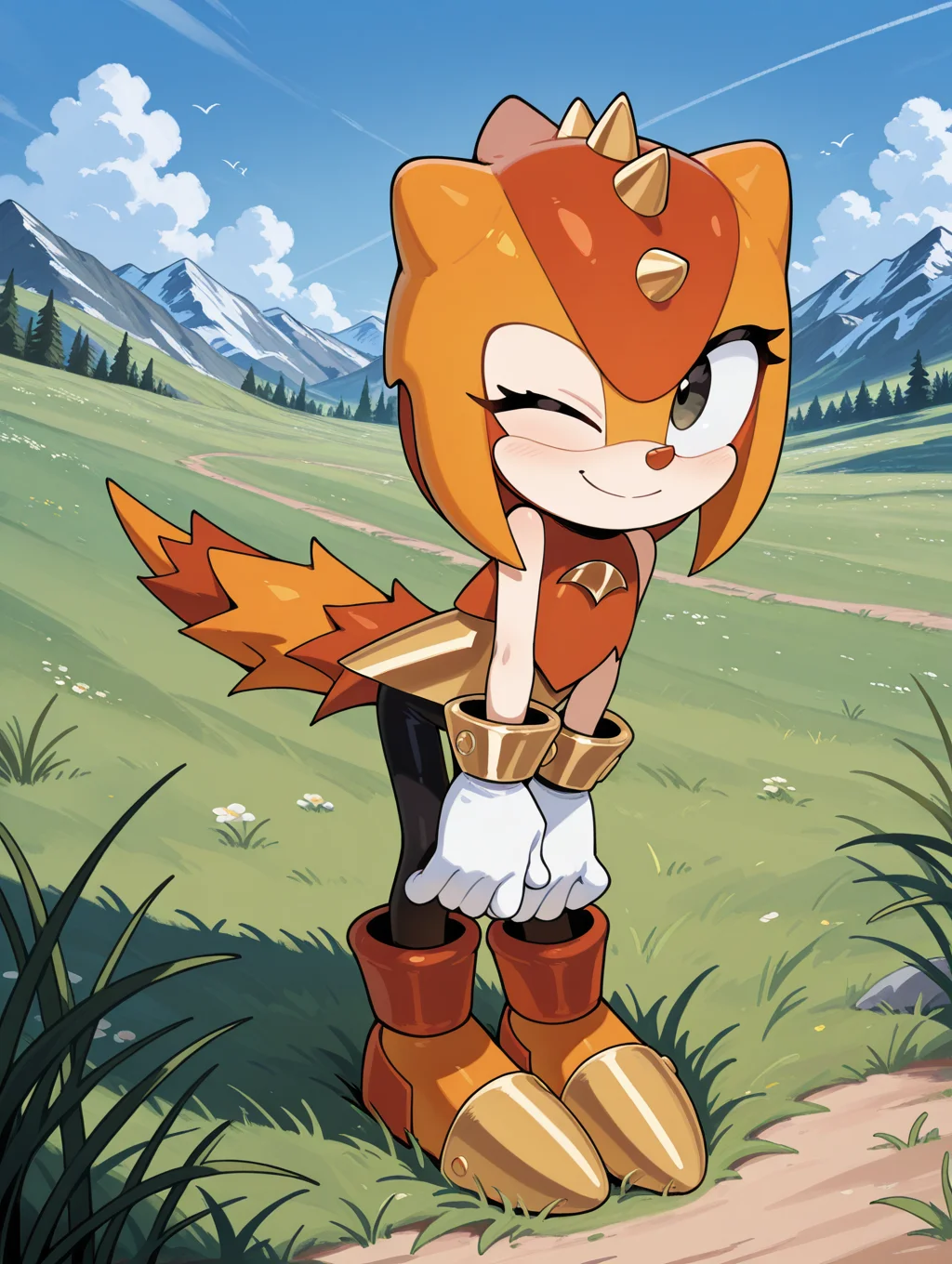 <lora:Trip_the_Sungazer_NS:1> trip the sungazer, standing, outdoor, grass, sky, one eye closed, smile, light blush,, masterpiece, best quality, amazing quality, very aesthetic, absurdres, new, newest,