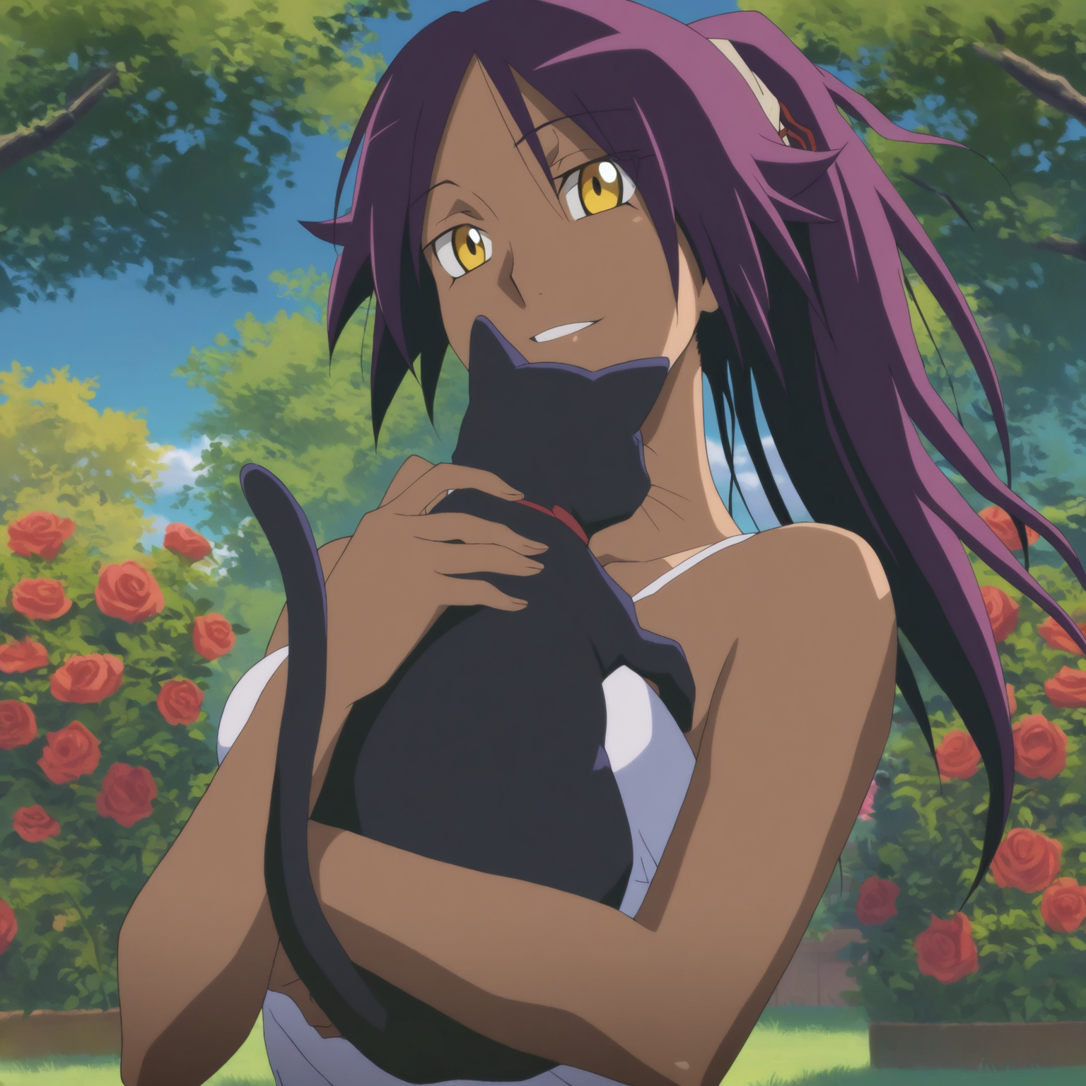 masterpiece, best quality, 1girl, solo, shihouin yoruichi, black cat, holding cat, happy, garden, flowers,summer, outdoors, blue sky, sunlight, volumetric light, tree, rose bush, <lora:Itosugi_Masahiro_Noob:1.0>