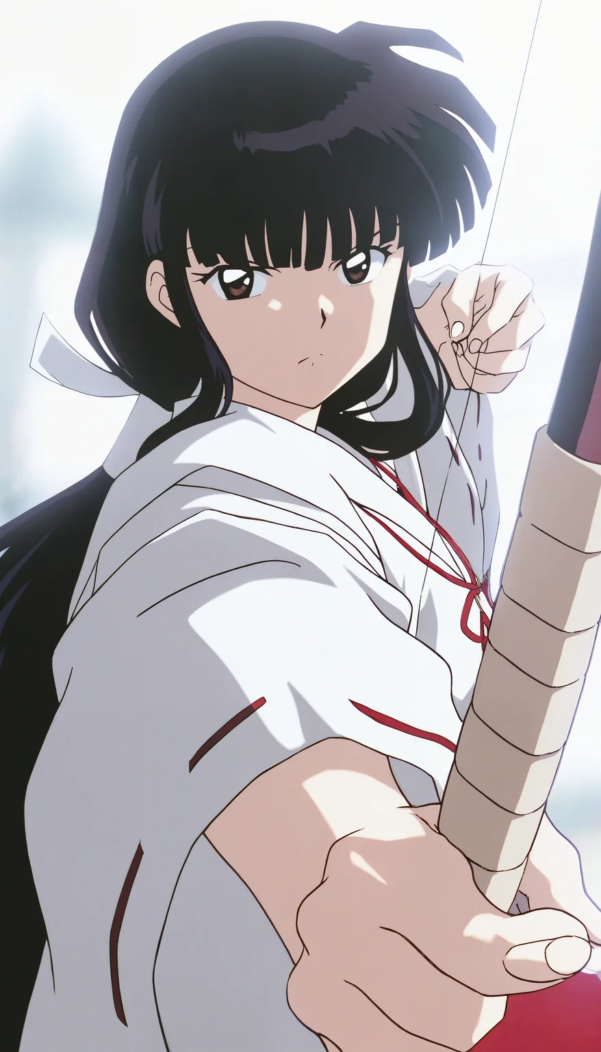 masterpiece,best quality,amazing quality,
<lora:kikyoNAI:1>,k1ky0,
1girl,solo,black hair,long hair,low ponytail,bangs,white scrunchie,brown eyes,miko outfit,red ribbon necklace,close-up,serious,bow \(weapon\),drawing bow,aiming at viewer,perspective,looking at viewer,(white background:1.1),blurry background,depth of field,(soft lighting:1.1),