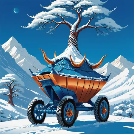 constructivist style, (Masterpiece Digital Artwork:1.3) of (Screen print:1.3),(Amusing:1.3) Electric Blue, meek,nasty,hyperdetailed, metal trinket depicting a person, snowy Desert, freezing weather, Stephen Oakley, pop Art style . bright colors, bold outlines, popular culture themes, ironic or kitsch, Ox Cart: A heavy, large-wheeled cart pulled by oxen for transporting goods.,Chemise: A simple, lightweight undergarment worn next to the skin.,Hematite: An iron oxide mineral that can have a silvery-gray appearance when polished.,<lora:NAI Smooth Boys Style SDXL_LoRA_20r_20e_8i_nr32_a16_Pony Diffusion V6 XL:1>, <lora:Yggdrasil_V1_SDXL:0.5> yggdrasil,(by Artist Andre Masson:1.3),CGSociety,ArtStation,(Funk Art:1.3),(Colorless:1.3), geometric shapes, bold colors, dynamic composition, propaganda art style