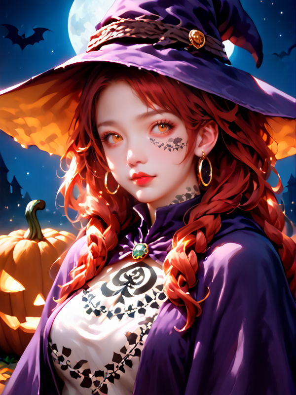 score_9,score_8_up,score_7_up,score_6_up,anime Scores,hyperrealistic,hyperdetailed,anime,PonyScores,(((sfw:2))),
1girl,witch,(bat:1.2),milf,pale_skin,tattoo,snake_pupils,red hair,very long hair,gorgeous hairstyle,lipstick,mole under mouth,narrow shoulders,petite,kawaii,cute,slim,detailed embroidery,hoop earrings,jewelry,night world,detailed background,background light,available light,dynamic_angle,looking_at_viewer,on_side,witch's room,night_sky,star,galaxy,night,witch's,wizard robe,wizard hat,Blacked,tattoo,body writing,oily skin,halloween pumpkin,
(((<lora:Blacked:2>))),