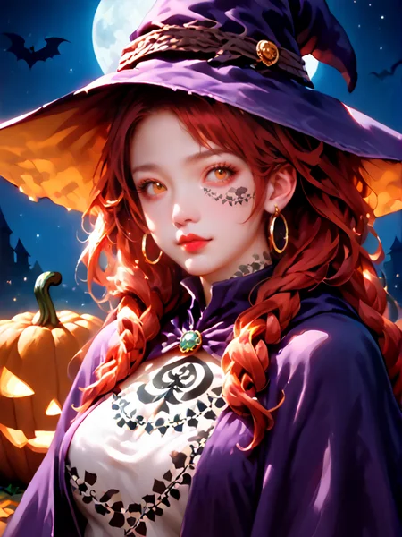 score_9,score_8_up,score_7_up,score_6_up,anime Scores,hyperrealistic,hyperdetailed,anime,PonyScores,(((sfw:2))),
1girl,witch,(bat:1.2),milf,pale_skin,tattoo,snake_pupils,red hair,very long hair,gorgeous hairstyle,lipstick,mole under mouth,narrow shoulders,petite,kawaii,cute,slim,detailed embroidery,hoop earrings,jewelry,night world,detailed background,background light,available light,dynamic_angle,looking_at_viewer,on_side,witch's room,night_sky,star,galaxy,night,witch's,wizard robe,wizard hat,Blacked,tattoo,body writing,oily skin,halloween pumpkin,
(((<lora:Blacked:2>))),