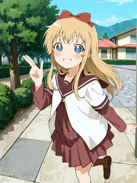 <lora:ST_Yuru_Yuri_0R:1>, yuruyuristyle, <lora:CC_Detail_Tweaker_1:1>
toushino kyouko, blue eyes, blonde hair, long hair, hair bow, red bow, sidelocks
nanamori school uniform, white shirt, brown sailor collar, short over long sleeves, maroon skirt, brown socks
masterpiece, best quality, amazing quality, absurdres, highres, detailed background, anime style, anime coloring
1girl, (detailed eyes:1.2), (detailed face:1.2), detailed skin
looking at viewer, blush, smile, teeth, dynamic pose, v
(outdoors, japan, toyama, toyama prefecture, town, school, park, bush, tree, street, stone floor, house)