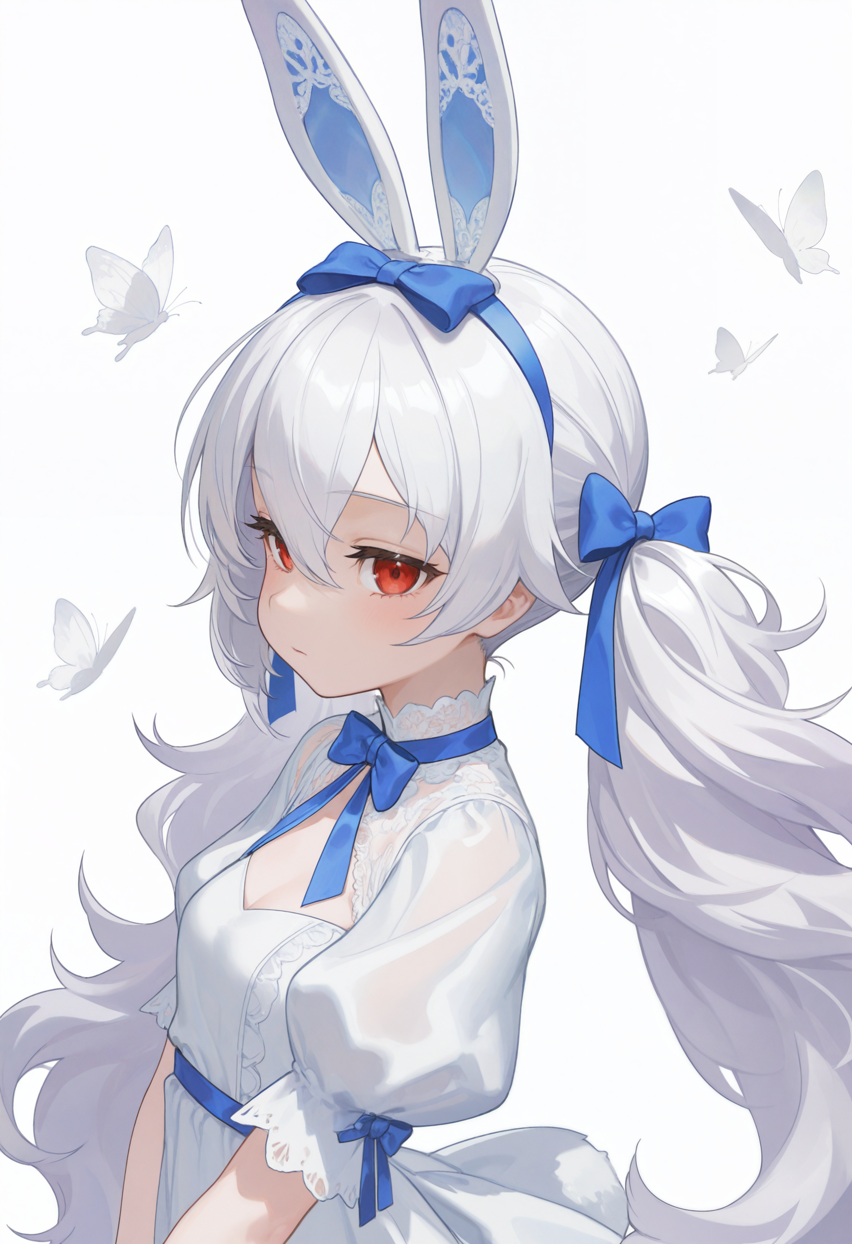 embedding:lazypos, 1girl, solo, long hair, breasts, looking at viewer, blush, simple background, hair ornament, white background, red eyes, dress, bow, animal ears, hair between eyes, closed mouth, very long hair, twintails, upper body, white hair, short sleeves, hair bow, small breasts, hairband, puffy sleeves, official alternate costume, white dress, rabbit ears, puffy short sleeves, see-through, fake animal ears, blue bow, bug, letterboxed, butterfly, lace trim, lace, blue hairband, white butterfly, animal ear hairband, laffey (azur lane)