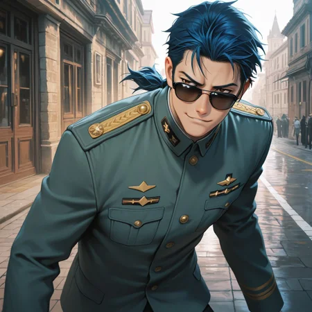 masterpiece, best quality, amazing quality, absurdres, newest, detailed background, definition so sharp, Ultra-HD, 8K cinematic, very awa, impressionate, amazing quality, highres,
solo, male focus, manly,
daikakukokujouji, 1boy, short hair, tied hair, low tied hair, lieutenant_pretime, lieutenant_blue hair, lieutenant_brown eyes, stylish outfit, sunglasses \(falling off\), posing, confident smirk, but off-balance, urban setting, vibrant colors, energetic, cool, clumsy, fashionable, charming