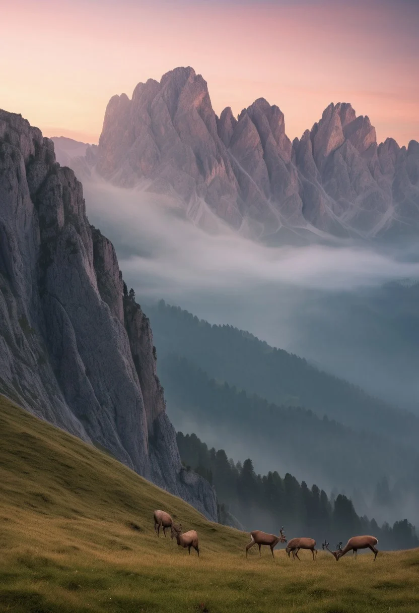 A photorealistic Dolomites scene at sunrise, dense fog blanketing the lower valleys, jagged peaks piercing through the mist, a small herd of deer grazing in an alpine meadow, soft pink and orange light on the horizon, 8k resolution, ultra-detailed, wildlife photography style, using Dolomites World Heritage LoRa