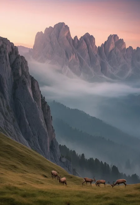 A photorealistic Dolomites scene at sunrise, dense fog blanketing the lower valleys, jagged peaks piercing through the mist, a small herd of deer grazing in an alpine meadow, soft pink and orange light on the horizon, 8k resolution, ultra-detailed, wildlife photography style, using Dolomites World Heritage LoRa