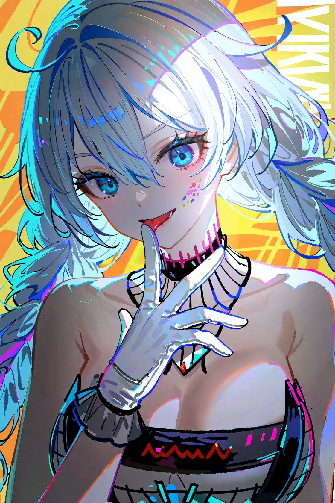 8k, best quality, masterpiece, (ultra-detailed), (high detailed skin), 
artist:john kafka, (artist:wanke:0.9), artist:fuzichoco, artist:quasarcake, (artist:nixeu:0.8), (1girl:1.2), upper body, light grin, chromatic aberration, cyberpunk, licking finger, glitch lump on face, lens_flare, colorful, chromatic aberration, dynamic pov, Chromatic Aberration, Glitch lettering, abstract art, (clear lines:1.1), (squares:1.1), bright, limited palette, canonical composition, (neat diagonal striped background:1.2), (Light Yellow background:1.1), ultra-detailed, film grain, geometry stripe, genderswap, 
<lora:kiana-young-noob-Tanger-000014:0.8>, 
kiana kaslana, geji, geji dress, 6th clothes, 1girl, blue eyes, braid, long hair, twin braids, dress, white gloves, bare shoulders,