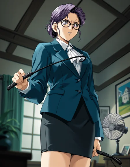 score_9, score_8_up, score_7_up, <lora:shuusaku-v2-ponyxl-000016:0.9> ayka, purple eyes, glasses, skirt suit, white ascot, black skirt, holding whip,
1girl, solo, from below, looking down, annoyed, blurry background, ceiling fan