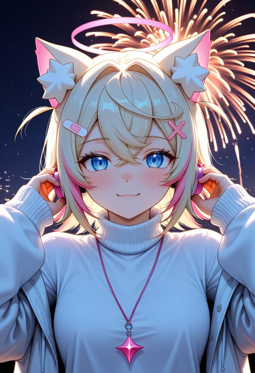 d_up, 1girl, mococo abyssgard, blonde hair, pink hair, blue eyes, earphones, multicolored hair, medium hair, shirt, turtleneck, sweater, long sleeves, turtleneck sweater, jacket, glitch, upper body, abstract background, white shirt, halo, fireworks, looking at the viewer, cute, d2j3m0x