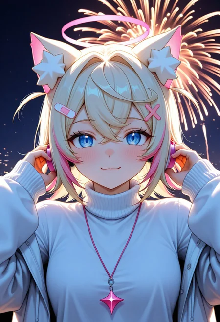 d_up, 1girl, mococo abyssgard, blonde hair, pink hair, blue eyes, earphones, multicolored hair, medium hair, shirt, turtleneck, sweater, long sleeves, turtleneck sweater, jacket, glitch, upper body, abstract background, white shirt, halo, fireworks, looking at the viewer, cute, d2j3m0x