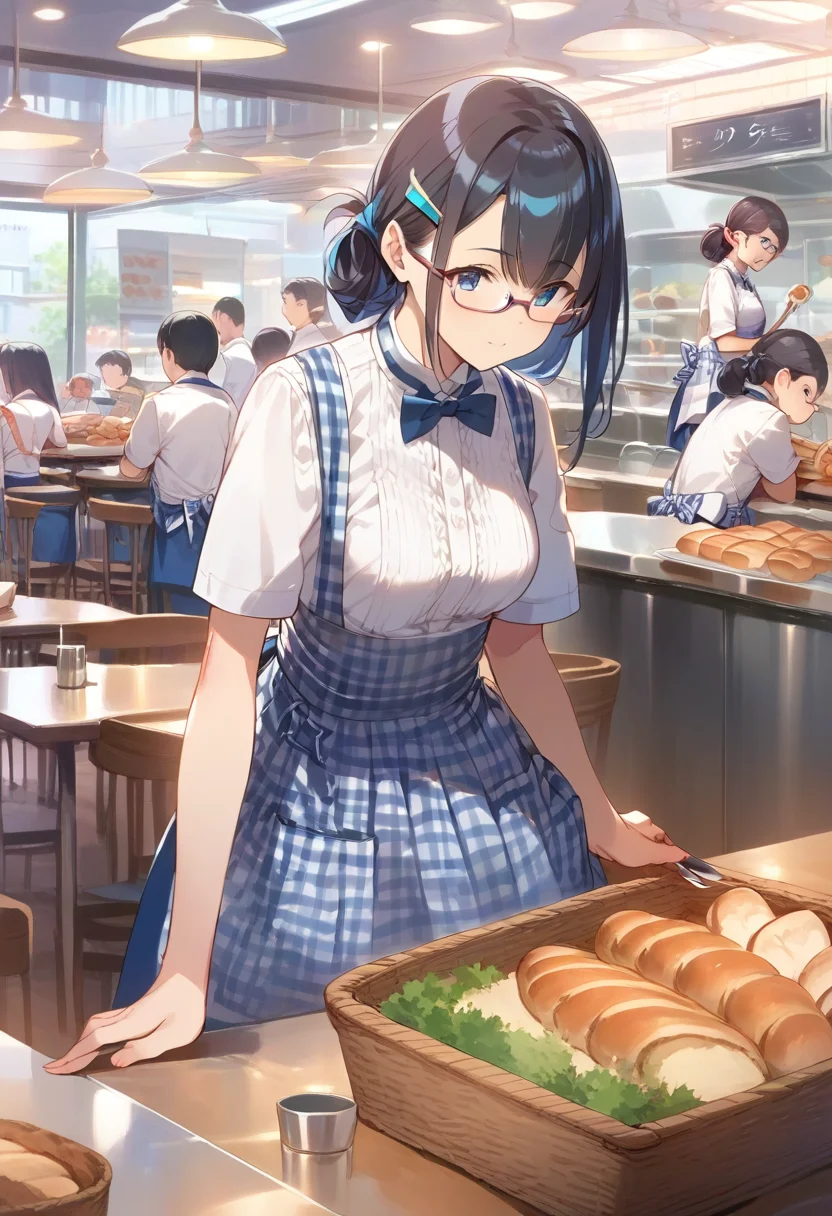 score_9, score_8_up, score_7_up, rating_safe, masterpiece, best quality, absurdres, unity 8k wallpaper, official art, official style, source_anime, uncensored, game cg, megami magazine,
1girl, solo, glasses, medium breasts, KRU, blue bow, blue bowtie, white shirt, short sleeves, blue skirt, blue apron, gingham apron, employee uniform, high-waist skirt, waitress, indoors, blinds, basket, food, shop, holding basket, bread, holding, table,
ceiling light, ceiling, indoors, multiple boys, scenery, restaurant, chair, sitting, lights, table, cafe, black hair
<lora:koberya_PONY_V1:1>