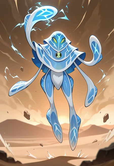 masterpiece, best quality, amazing quality, very aesthetic, absurdres, newest,, detailed background,
ampfibian, full body, pokemon (creature), no humans, colored sclera, green eyes, blue skin, tentacles, extra eyes, colored skin, squid, jellyfish, no mouth,
cr4ckl3,electricity flying, motion effect, depth of field, desert, sand dunes, sand storm, eguptiran pyramids, floating rocks