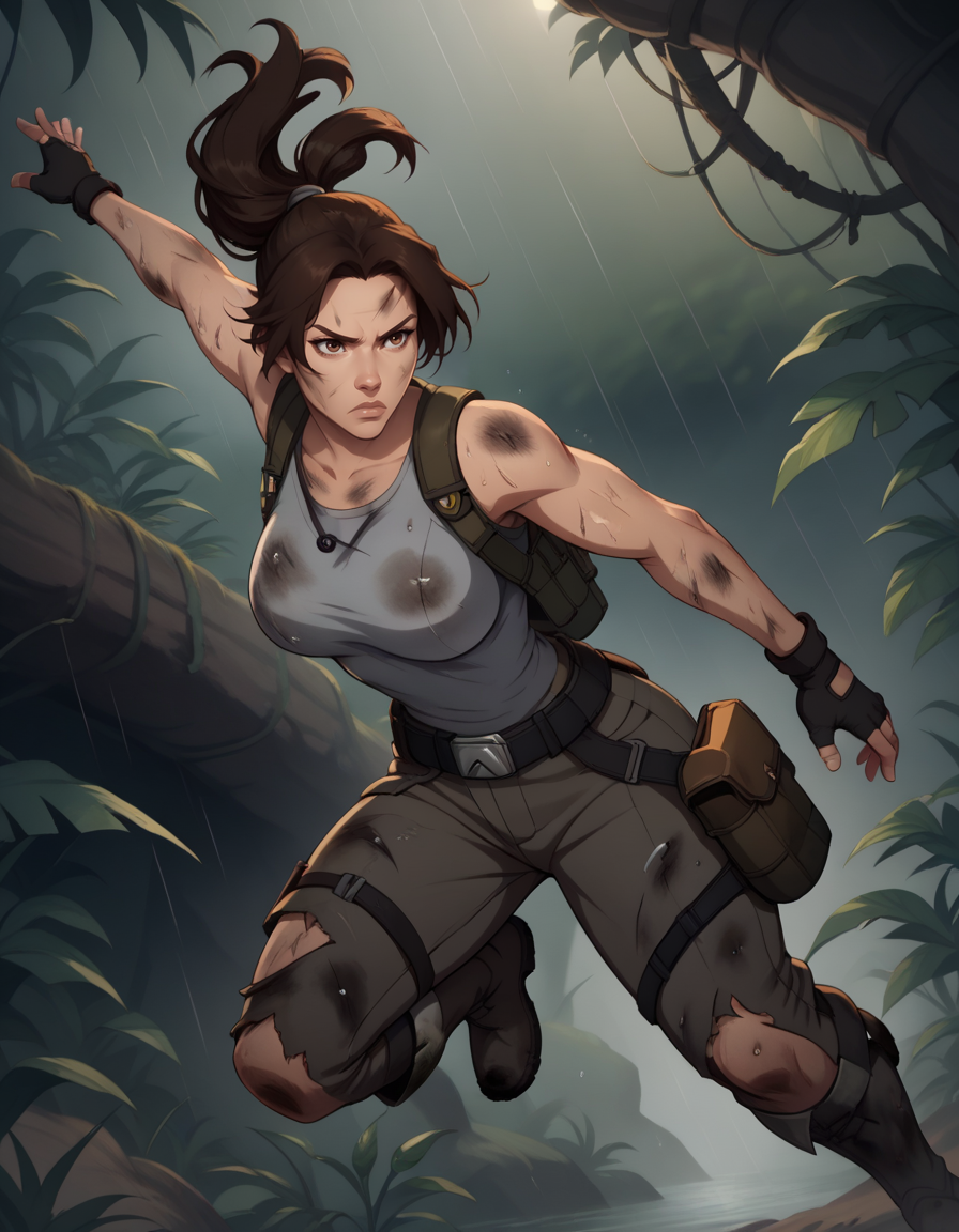 score_9, score_8_up, score_7_up,score_6_up, score_5_up, score_4_up ,
1girl, solo,
large breasts,
LaraDG,
long hair, ponytail, brown hair, brown eyes, 
fingerless gloves, boots, belt, pants, tank top, grey shirt, 
dirty, cuts, serious, torn clothes, dirty clothes, 
jungle, night, rain, 
jumping, battle,
from below,
 <lora:Lara Croft LoLC PXL v01:0.90>