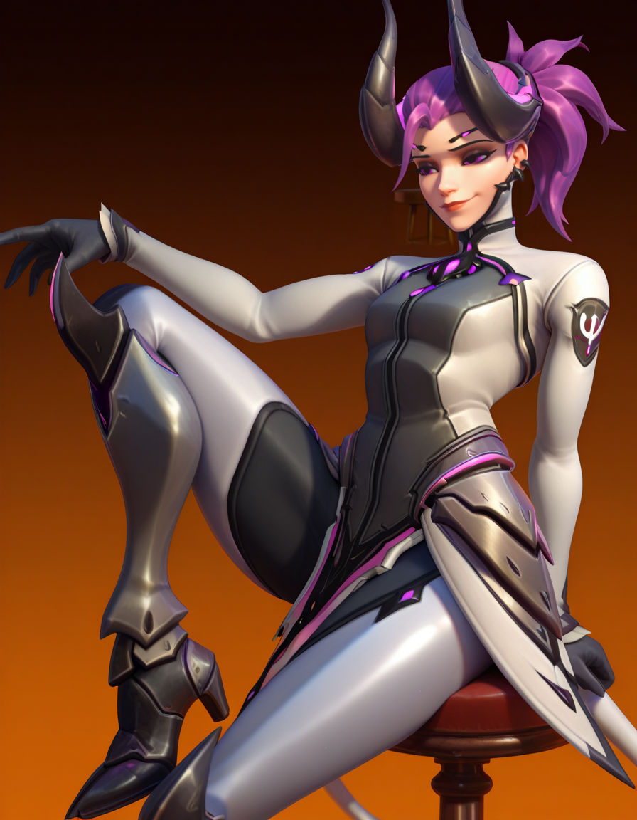 score_9, score_8_up, score_7_up, Masterpiece, high-res, 2k, best quality, 2.5d, 1girl, mercy (overwatch), imp mercy , purple hair, <lora:Devil_imp_mercy-000043:1> Sitting on a stool with one leg raised