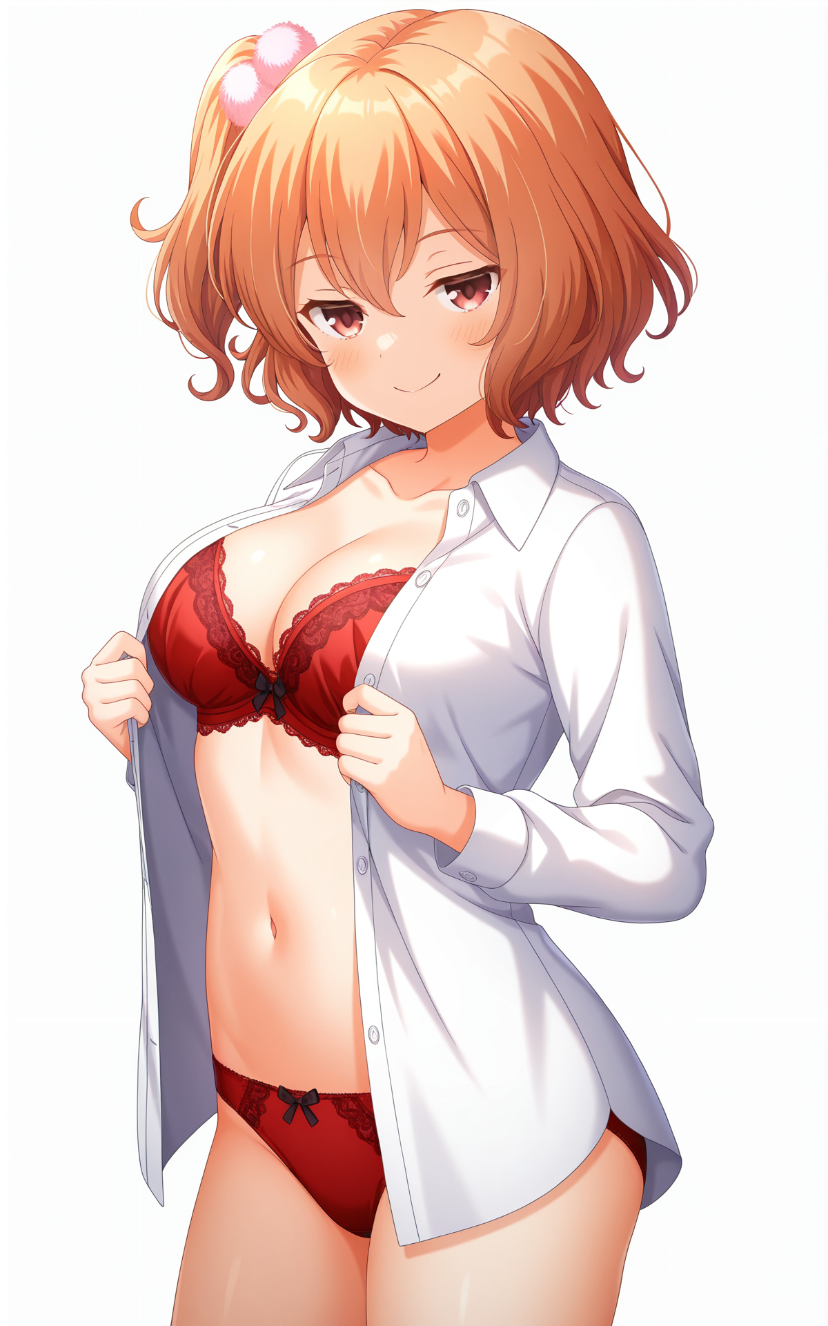 masterpiece, best quality, good quality, newest,4k, perfect lighting, cinematic, very aesthetic, official art, anime screencap, anime coloring,(((white background, simple background))),
1girl,solo,michiru,brown hair,orange hair,short hair,side ponytail,one side up,hair between eyes,hair ornament,brown eyes,red eyes,
white shirt,collared shirt,long sleeves,collarbone,undressing shirt,open shirt,bra,midriff,panties,
standing,naughty face,half-closed eyes,looking at viewer,BREAK
<lora:ILmichiru:1>