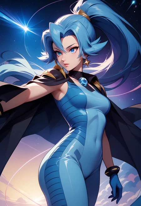 score_9, score_8_up, score_8, medium breasts, (curvy), cute, eyelashes, rating_safe,
BREAK,
zzClair, solo, 1girl, long hair, blue hair, blue eyes, ponytail, blue bodysuit, black cape, blue gloves,
BREAK,
dynamic angle, stars, floating, colorful, pink, blue eyes, black bow, from side, on back, spaceship, technological,
zPDXL,