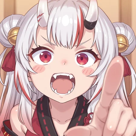 masterpiece, best quality, amazing quality, virtual youtuber, 1girl, horns, solo, open mouth, long hair, meme, red hair, oni, hair ornament, multicolored hair, parody, streaked hair, hair bell, pointing, bell, white hair, hair bun, blush stickers, blurry, upper body, double bun, fang, fangs, pointing at viewer, japanese clothes, nakiri ayame, mimonel