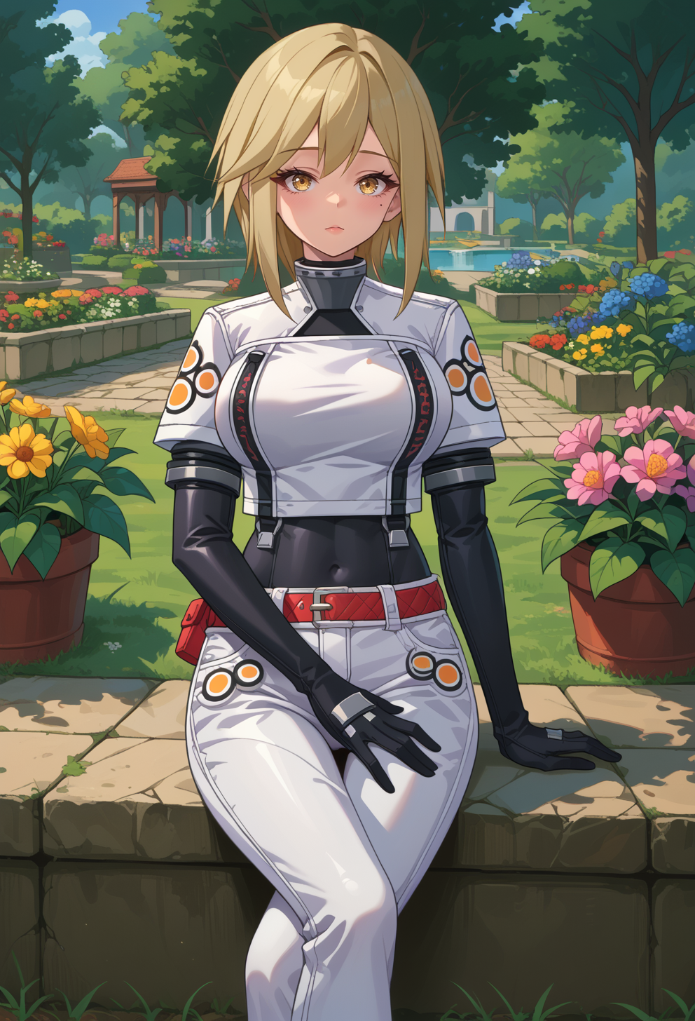 score_9, score_7_up, source_anime, BREAK <lora:AEKylie:1> AEKylie, yellow eyes, blonde hair, medium hair, sidelocks, mole under eye, black bodysuit, covered navel, cropped jacket, white jacket, short sleeves, black gloves, belt pouch, red belt, white pants, black footwear, elbow gloves, 
sitting, crossed legs, garden, flowers, hands on own crotch,