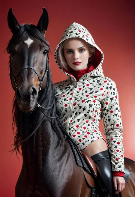 A shrouded Silhouette in darkness of a blushed slightly light smiling riding woman in Argyle/caro printed bodysuit with camo-white Camouflage hooded parka, riding a black glossy horse, a scene with vibrant red and black details, White Makeup, very detailed, atmospheric haze, Film grain, cinematic film still, shallow depth of field, highly detailed, high budget, cinemascope, moody, epic, OverallDetail, 2000s vintage RAW photo, photorealistic, candid camera, color graded cinematic, eye catchlights, atmospheric lighting, imperfections, natural, shallow dof