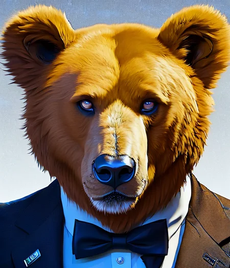 modelshoot style, (extremely detailed 8k wallpaper), A detailed portrait of an anthropomorphic furry bear in a suit and tie, by justin gerard and greg rutkowski, digital art, realistic painting, dnd, character design, trending on artstation, Smoose2, CHV3CBarb