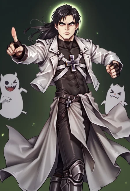 score_9, score_8_up, score_7_up, hugbaldw, cutoff jacket, ((((body harness with holy cross design)))), long black hair, charcoal greaves, gray skirt, black shirt, black pants, black fingerless gloves, pointing, ((((pointing at viewer))), looking at viewer, (((dark backdrop))), ((((spooky green backdrop)))),