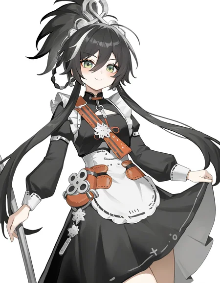 mofei,1girl,maid,solo,looking at viewer,simple background,cowboy shot,smile,<lora:mofei-000016:0.8>,(white background:1.4),(alternate costume:1.2),, masterpiece, best quality, very aesthetic, absurdres,newest, incredibly absurdres,