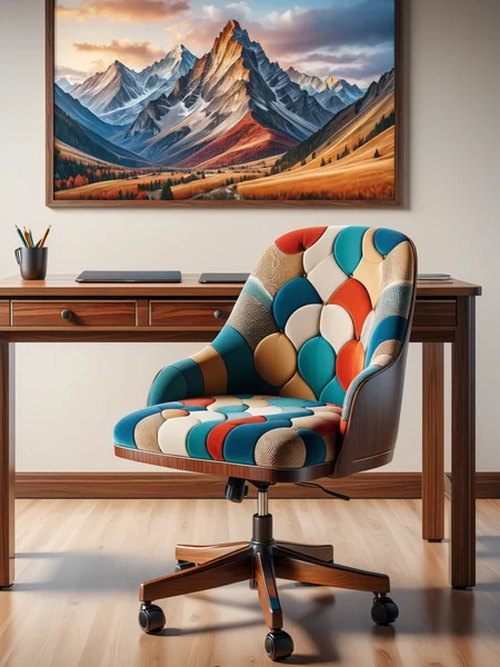 colorful mad-circle office chair and wooden desk in an expensive office, photograph of a mountain on the wall <lora:Colorful_Circles_SDXL:1>, (masterpiece:1.2), best quality, (hyperdetailed, highest detailed:1.2), high resolution textures