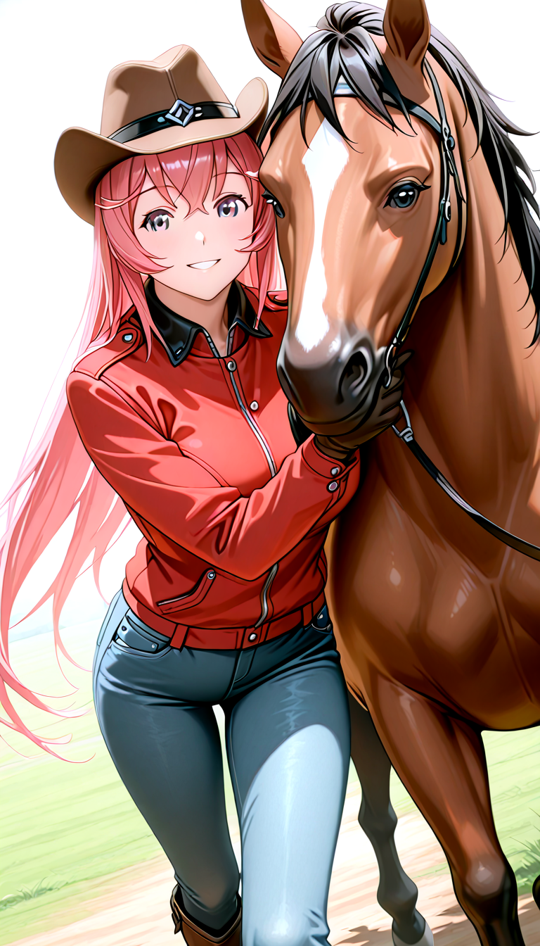 lazypos, masterpiece, best quality, amazing quality, very aesthetic, absurdres, newest,  ((ultra detailed hair:1.4)), ((ultra detailed eyes:1.4)), ((Dynamic Angle:1.49))
BREAK
1girl,solo, 0t0m3, pink hair,  <lora:sakuragi_otome420_epoch_15:1>
black and red Sports jacket, cargo pants, Western Boots, 
Smiling with teeth showing
BREAK
(smile:1.2),Equestrian, (Horseback Riding: 1.2),Very big horse, Western Hat, Long Jeans, Riding Grounds
cowboy shot