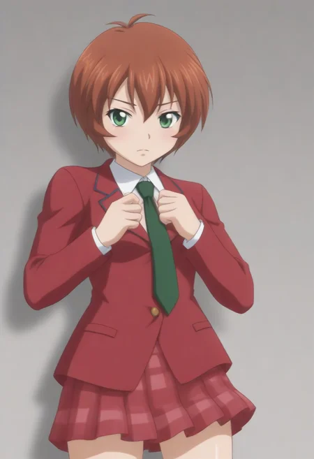 source_anime, anime screencap, source_anime, auratheguillotine, anime screencap, masterpiece, source_anime, shiny skin, 1girl, chinkyuu koudai, short hair, brown hair, green eyes, <lora:chinkyuu_pony-000007:0.8> red blazer, white shirt, green necktie, plaid skirt, pleated skirt,