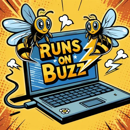 "Runs on Buzz", sticker on a laptop, lightning bolt, bees, funny, comic, humerous, flat lines, comic book-style illustration, high contrast, vibrant color <lora:texta:0.9>