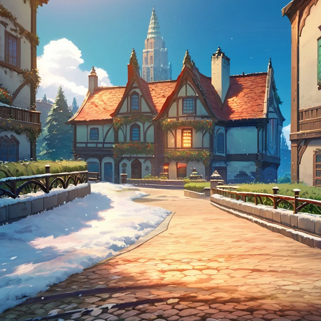 score_9, score_8_up, score_7_up, score_6_up, score_5_up, score_4_up, source_anime, official art, <lora:mondstadt_background-ponyxl-v11h:1>, <lora:snowXLP:1>, city, snow, outdoors, mondstadt, scenery, architecture, outdoors, building, cityscape, house, sky, blue sky, tree, plant, road, bush, railing, lamppost, It is snowy, snow on the ground, snow on the buildings,
