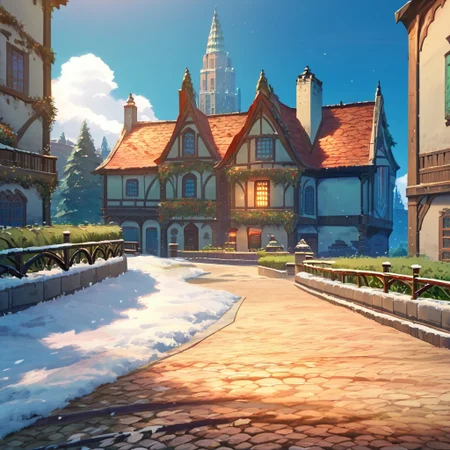 score_9, score_8_up, score_7_up, score_6_up, score_5_up, score_4_up, source_anime, official art, <lora:mondstadt_background-ponyxl-v11h:1>, <lora:snowXLP:1>, city, snow, outdoors, mondstadt, scenery, architecture, outdoors, building, cityscape, house, sky, blue sky, tree, plant, road, bush, railing, lamppost, It is snowy, snow on the ground, snow on the buildings,