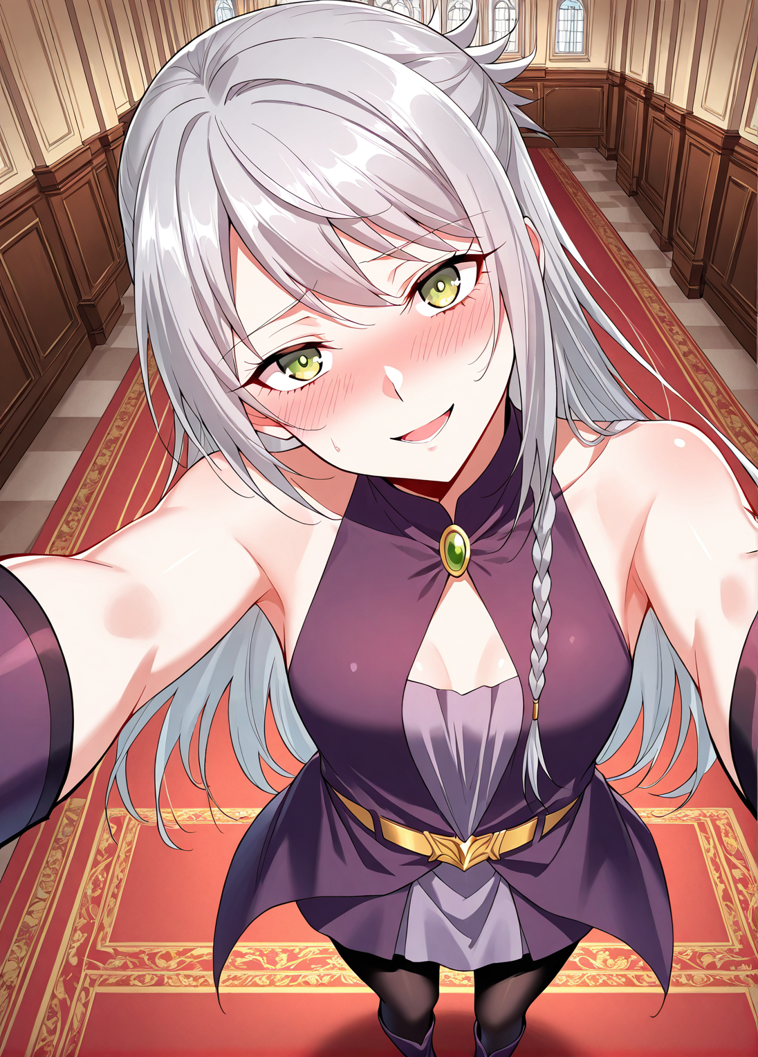 <lora:Ye_Liuli__I_am_the_Fated_Villain__Illustrious:1>
1 girl, solo, gray hair, loose hair, long hair, small braid, green eyes, small breasts
purple dress, short skirt, black tights, purple boots, sleeveless dress, bare shoulders, gold belt
score_9, score_8_up, score_7_up, score_6_up, source_anime, rating_explicit, 1girl, solo, smile, embarrassed, alcalose eyes, open mouth, mansion, indoors, looking at viewer, outstretched arms, pov, close-up, (head tilt:1.2)