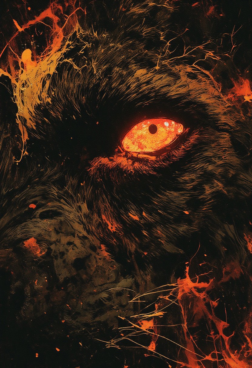 The frame is dominated by a single, piercing hyena’s eye, burning with a crimson-red glow, the only focus of the extreme close-up. Positioned on one side of the frame, the image captures just half of the hyena’s face, leaving the other lost in shadow, heightening the sense of mystery and intensity. The intricate mesh of white fractal lines sprawls across the iris, pulsating with an eerie luminescence, as if energy itself courses through its gaze. The fur, coarse and rugged, ripples in shades of deep charcoal and dusty gold, every strand meticulously textured with an almost hyper-realistic detail. The skin surrounding the eye bears subtle scars and timeworn creases, a silent testament to battles fought and won. Light carves along the ridges of the brow, casting spectral highlights that dance across the fractal patterns, making them shimmer and shift like embers in a dying fire. The extreme close-up captures not just the raw power of the beast, but an ancient, untamed presence—primal, unrelenting, and watching.